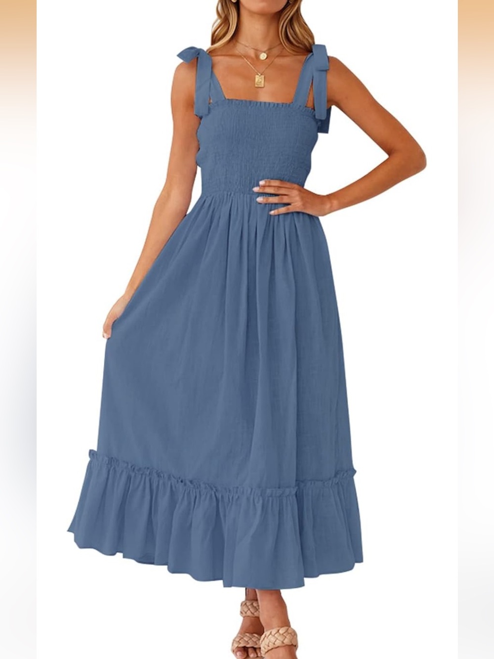 Tie-Shoulder Smocked Maxi Dress in Slate Blue